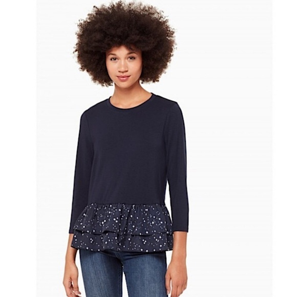 NWT KATE SPADE Top Star Print Tiered Ruffle Peplum 3/4 Sleeve in Navy Size M